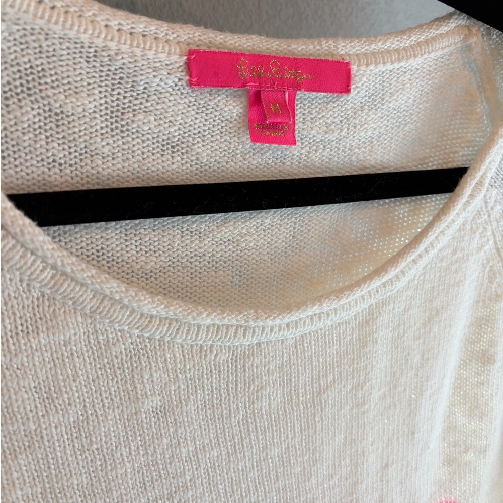 Lilly Pulitzer White Knit Pullover with Pink, Teal & Blue Script - Picture 2 of 2